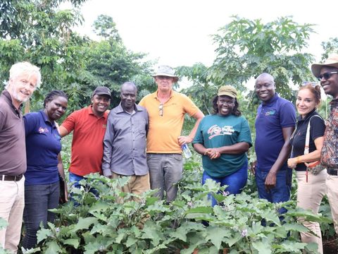 EWS-KT and SFSA leaders tour an EWS-KT farmer’s field in Uganda in 2023.